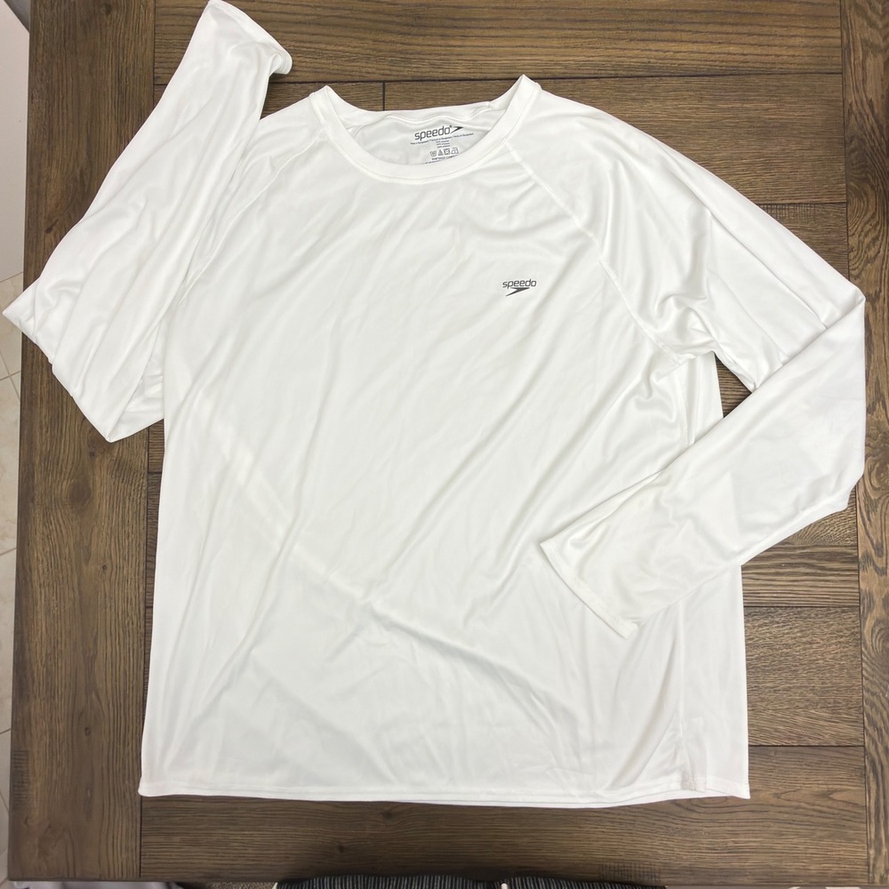 Speedo Mens White Long Sleeve Rash Guard Swim Shirt XXL Crew Neck Solid Polyeste